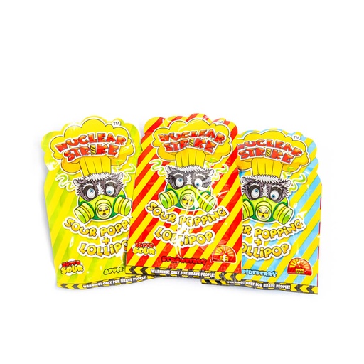 [110982] NUCLEAR STRIKE SOUR POPPING & LOLLIPOP - LIZAK Z  KWAŚNYM, STRZELAJĄCYM PROSZKIEM 15G 36szt/18disp